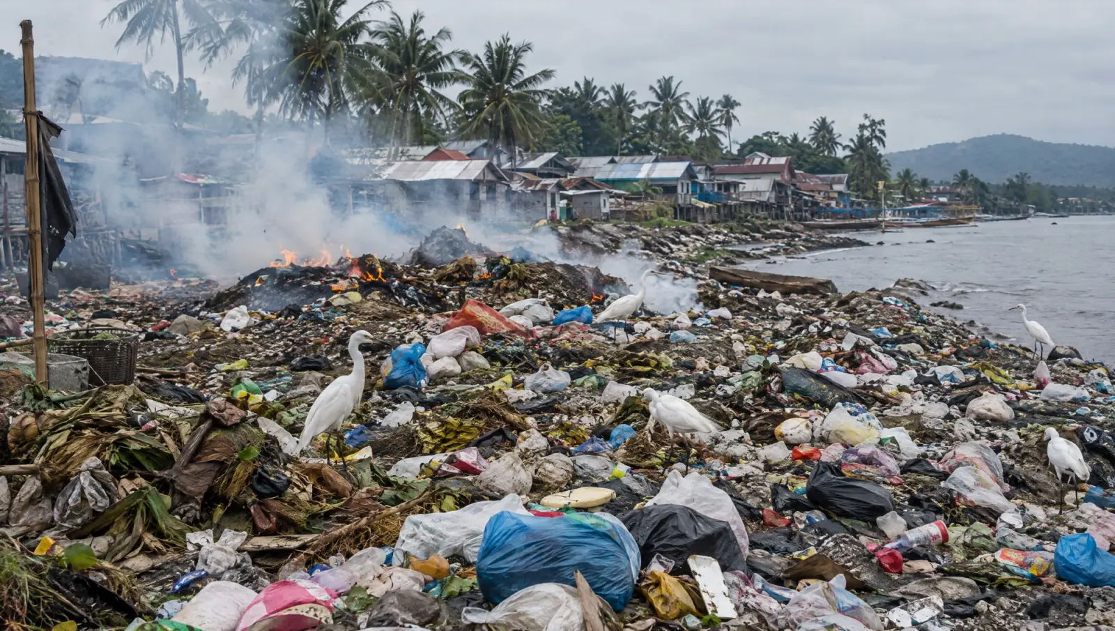 Open dumpsite with smoke from burning waste beside a coastal town