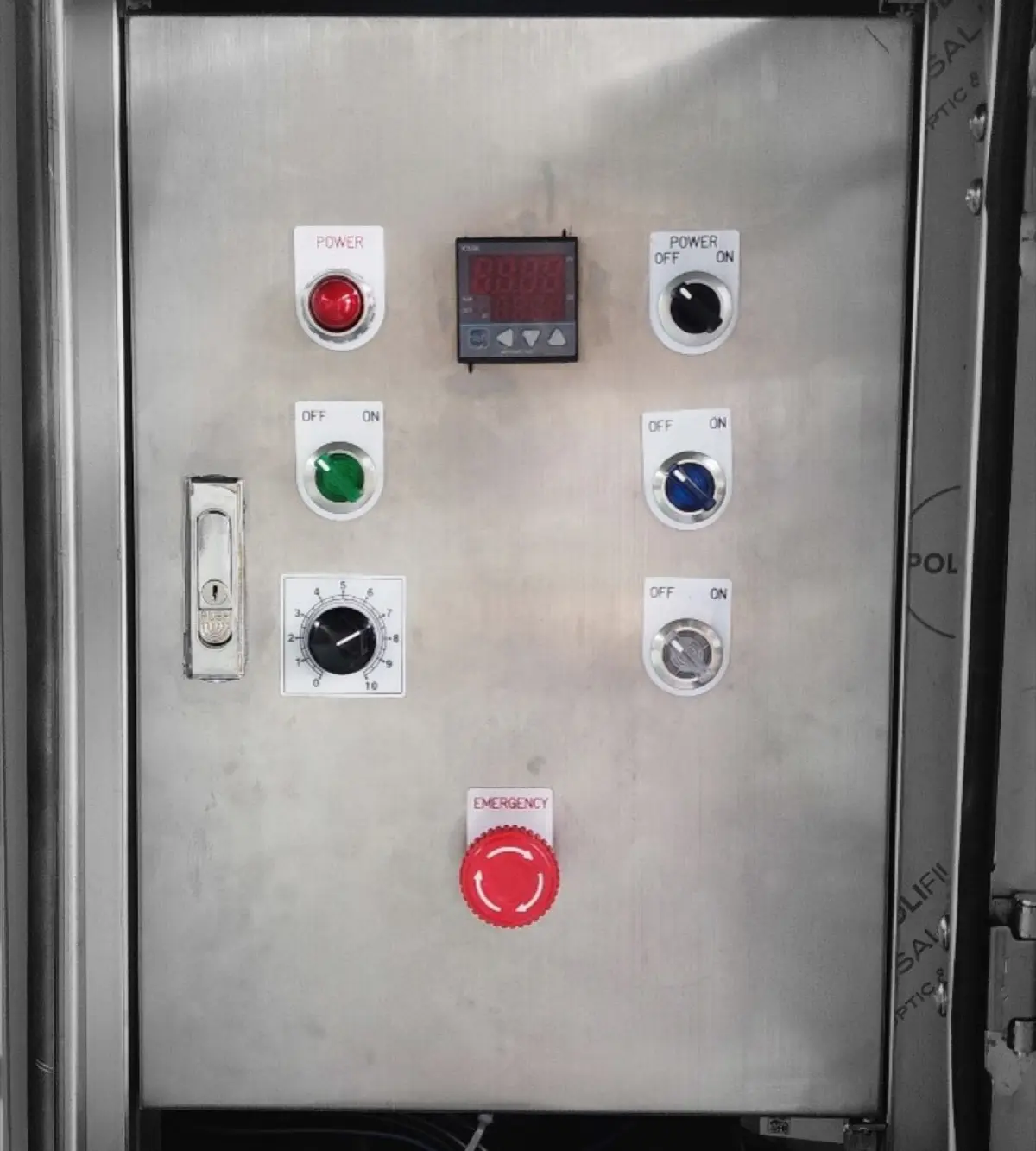 GREENASH control panel with power, temperature and emergency controls