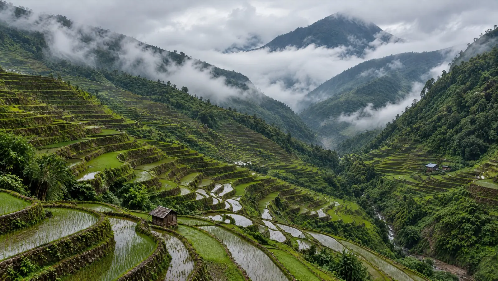 Rice terraces in the Philippine Cordillera under low clouds